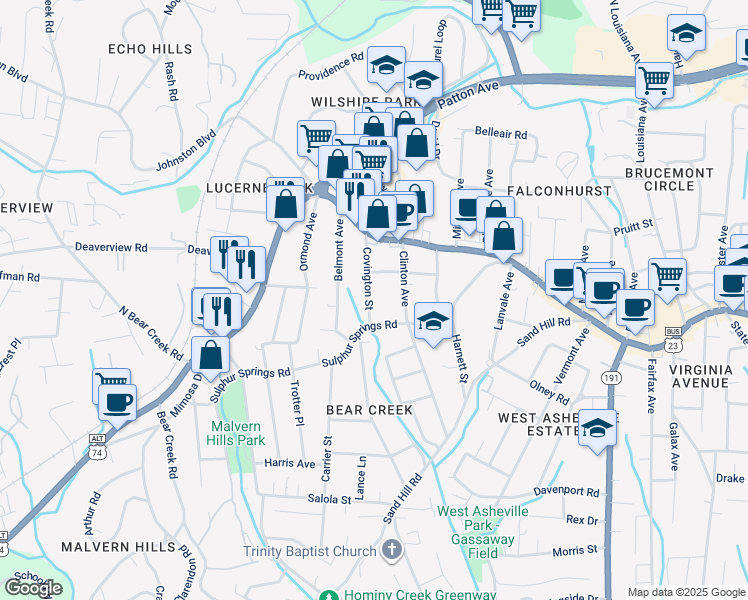 map of restaurants, bars, coffee shops, grocery stores, and more near 175 Sulphur Springs Road in Asheville