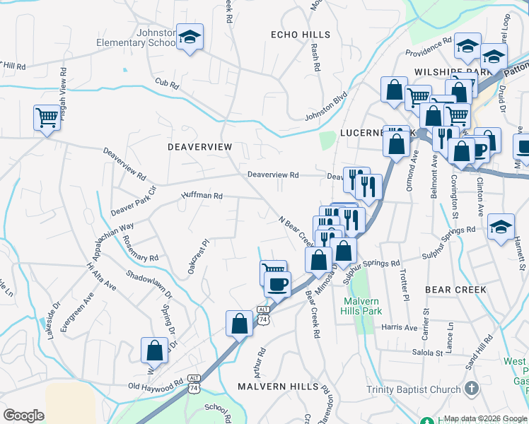 map of restaurants, bars, coffee shops, grocery stores, and more near 14 Bear Creek Place in Asheville
