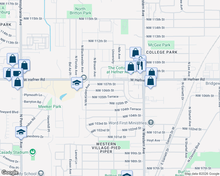 map of restaurants, bars, coffee shops, grocery stores, and more near 1300 Northwest 106th Street in Oklahoma City