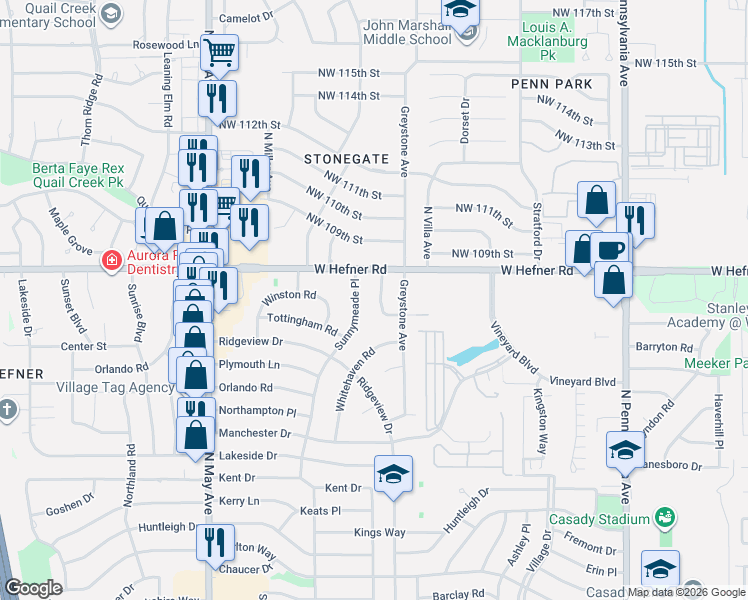 map of restaurants, bars, coffee shops, grocery stores, and more near 10805 North Utica Drive in The Village