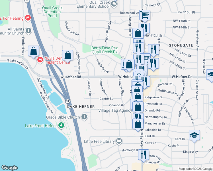 map of restaurants, bars, coffee shops, grocery stores, and more near 10801 Quail Circle in The Village