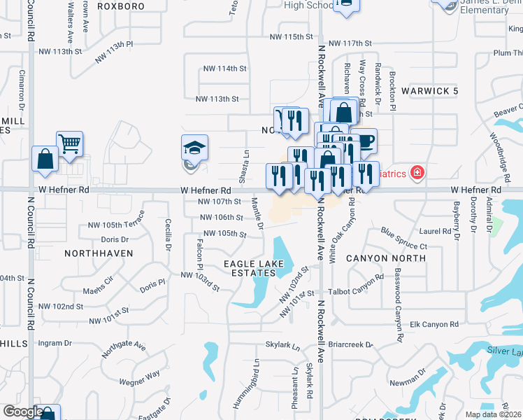 map of restaurants, bars, coffee shops, grocery stores, and more near 7300 Northwest 106th Street in Oklahoma City