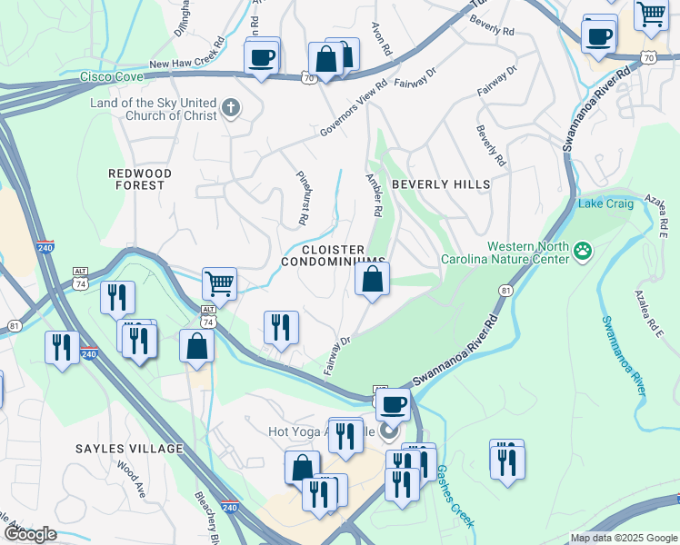 map of restaurants, bars, coffee shops, grocery stores, and more near 602 Abbey Circle in Asheville