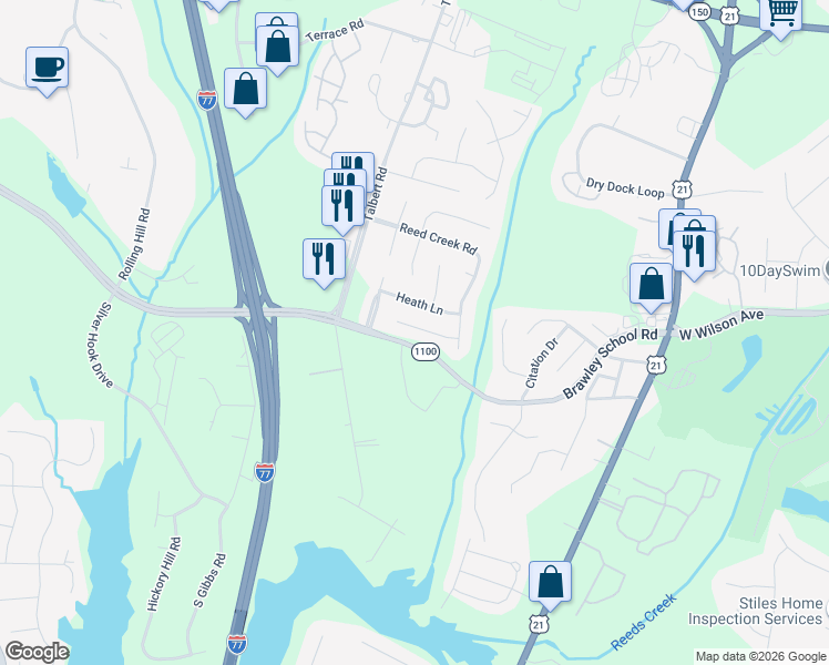 map of restaurants, bars, coffee shops, grocery stores, and more near 140 Diamond Drive in Mooresville