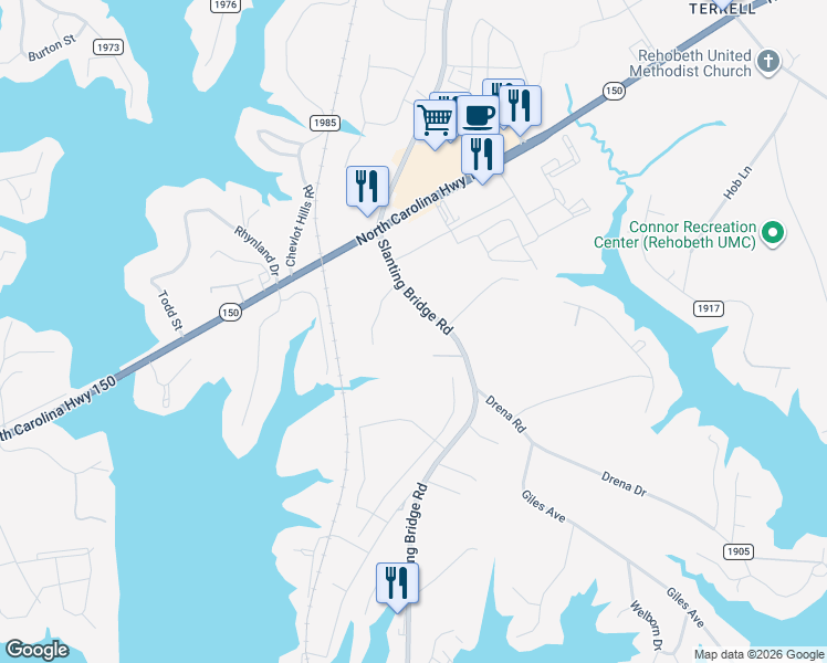 map of restaurants, bars, coffee shops, grocery stores, and more near 4199 Slanting Bridge Road in Sherrills Ford