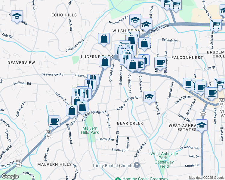 map of restaurants, bars, coffee shops, grocery stores, and more near 12 Harvard Place in Asheville