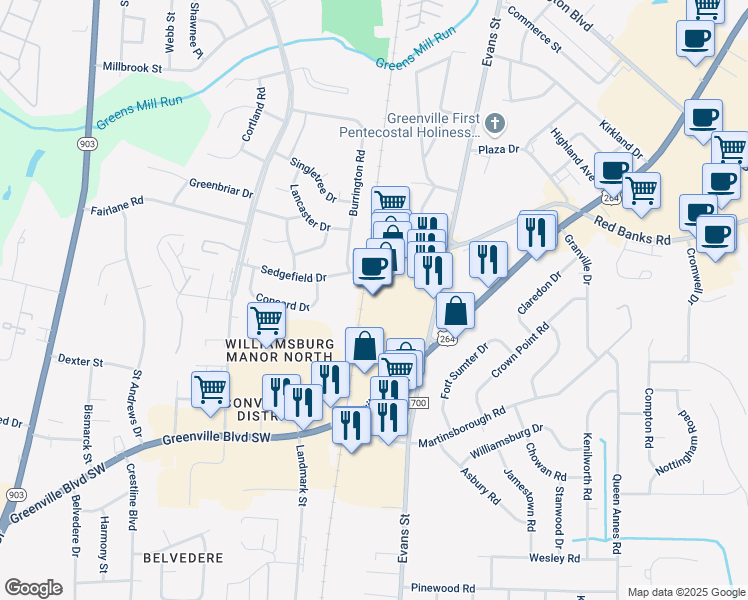 map of restaurants, bars, coffee shops, grocery stores, and more near 3040 Evans Street in Greenville