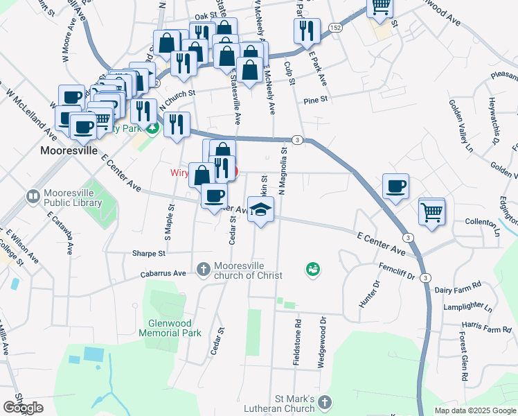 map of restaurants, bars, coffee shops, grocery stores, and more near 648 East Center Avenue in Mooresville