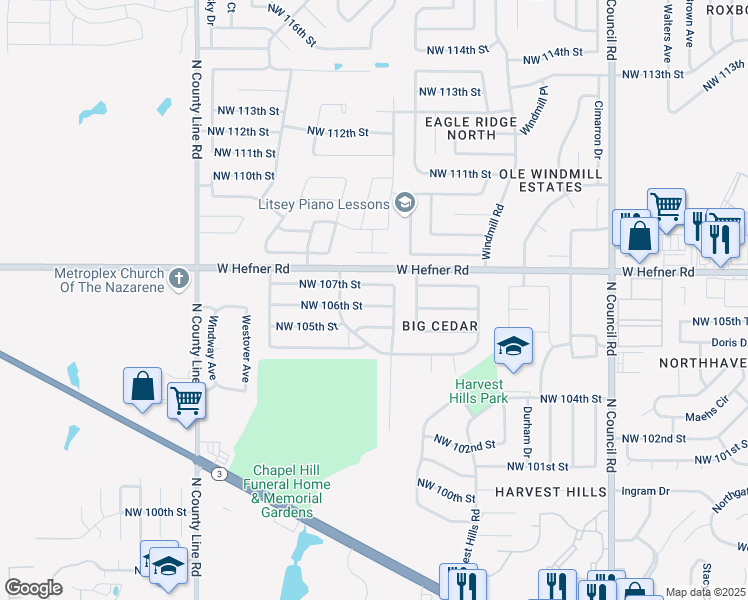 map of restaurants, bars, coffee shops, grocery stores, and more near 8413 Northwest 105th Street in Oklahoma City