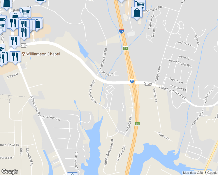 map of restaurants, bars, coffee shops, grocery stores, and more near 115 Sun Ridge Drive in Mooresville