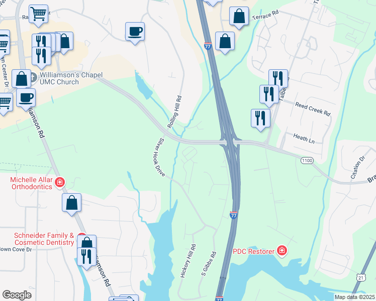 map of restaurants, bars, coffee shops, grocery stores, and more near 115 Sun Ridge Drive in Mooresville