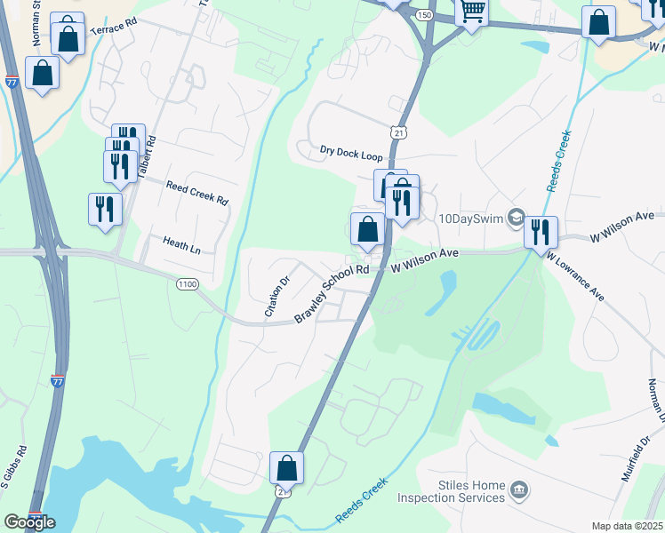 map of restaurants, bars, coffee shops, grocery stores, and more near 128 Brawley School Road in Mooresville