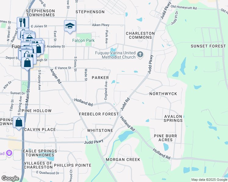 map of restaurants, bars, coffee shops, grocery stores, and more near 637 Barneswyck Drive in Fuquay-Varina
