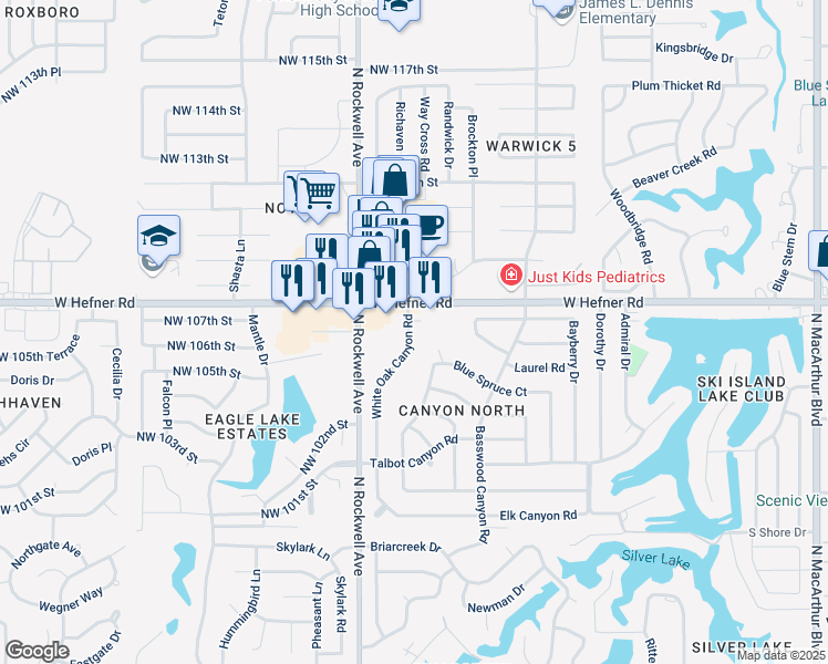 map of restaurants, bars, coffee shops, grocery stores, and more near 10705 White Oak Canyon Road in Oklahoma City