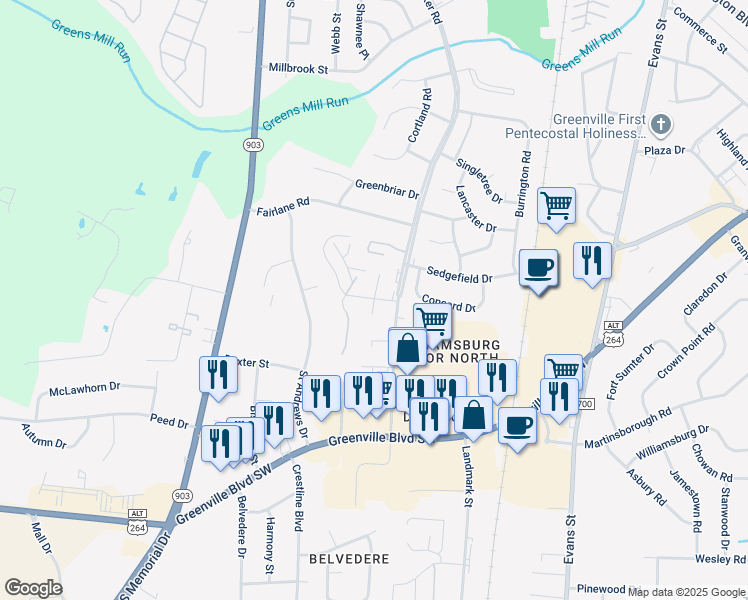map of restaurants, bars, coffee shops, grocery stores, and more near 111 Toby Court in Greenville