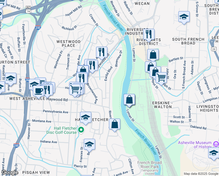 map of restaurants, bars, coffee shops, grocery stores, and more near 178 Riverview Drive in Asheville