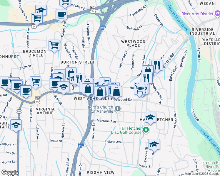 map of restaurants, bars, coffee shops, grocery stores, and more near 307 Waynesville Avenue in Asheville