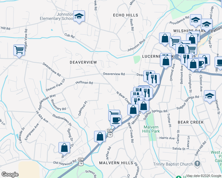 map of restaurants, bars, coffee shops, grocery stores, and more near 14 Bear Creek Place in Asheville
