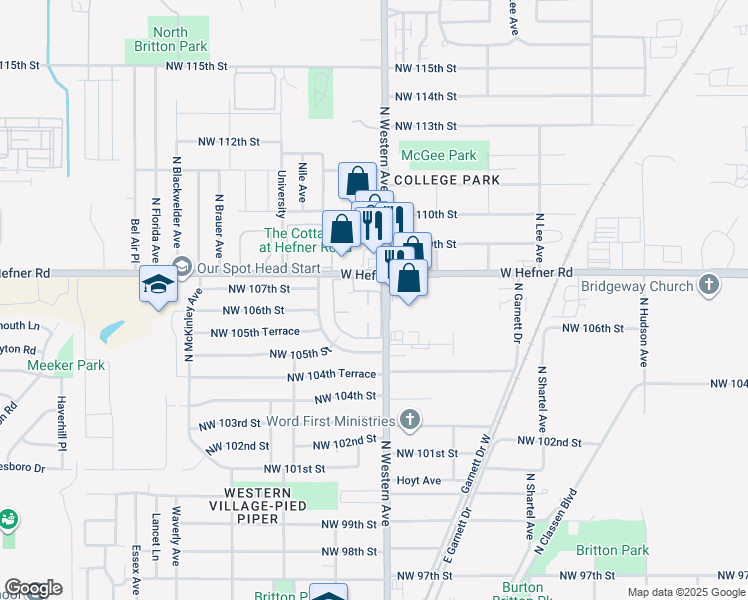 map of restaurants, bars, coffee shops, grocery stores, and more near 10659-10675 North Western Avenue in Oklahoma City