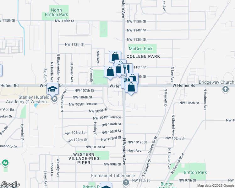 map of restaurants, bars, coffee shops, grocery stores, and more near 10721 North Western Avenue in Oklahoma City