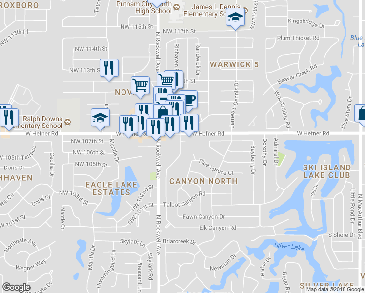map of restaurants, bars, coffee shops, grocery stores, and more near 10705 White Oak Canyon Road in Oklahoma City