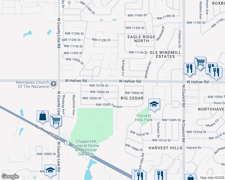 map of restaurants, bars, coffee shops, grocery stores, and more near 8413 Northwest 105th Street in Oklahoma City