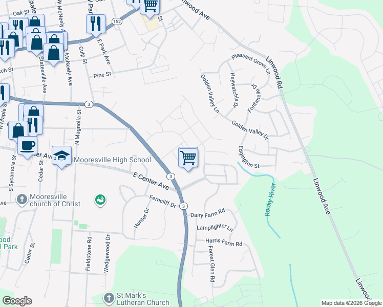 map of restaurants, bars, coffee shops, grocery stores, and more near 106 Southhampton Street in Mooresville