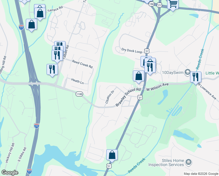 map of restaurants, bars, coffee shops, grocery stores, and more near 129 Citation Drive in Mooresville