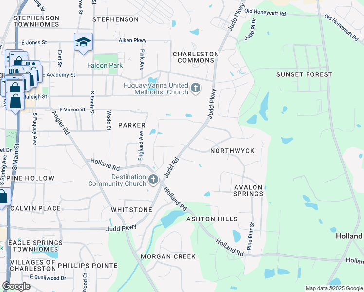 map of restaurants, bars, coffee shops, grocery stores, and more near 1420 South Judd Parkway Southeast in Fuquay-Varina