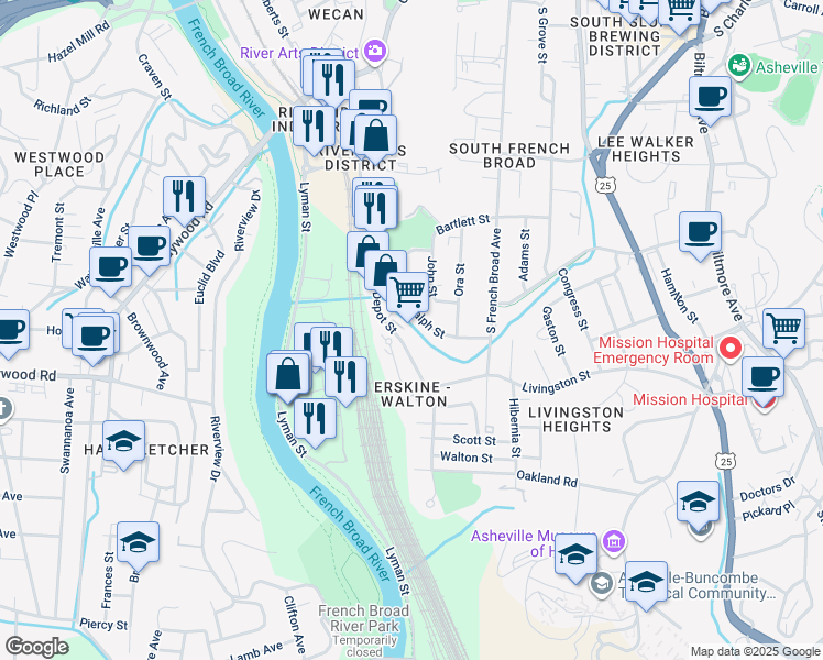 map of restaurants, bars, coffee shops, grocery stores, and more near 414 Depot Street in Asheville
