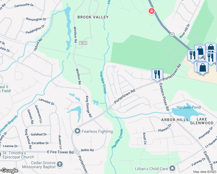 map of restaurants, bars, coffee shops, grocery stores, and more near 4200 Brook Creek Lane in Greenville