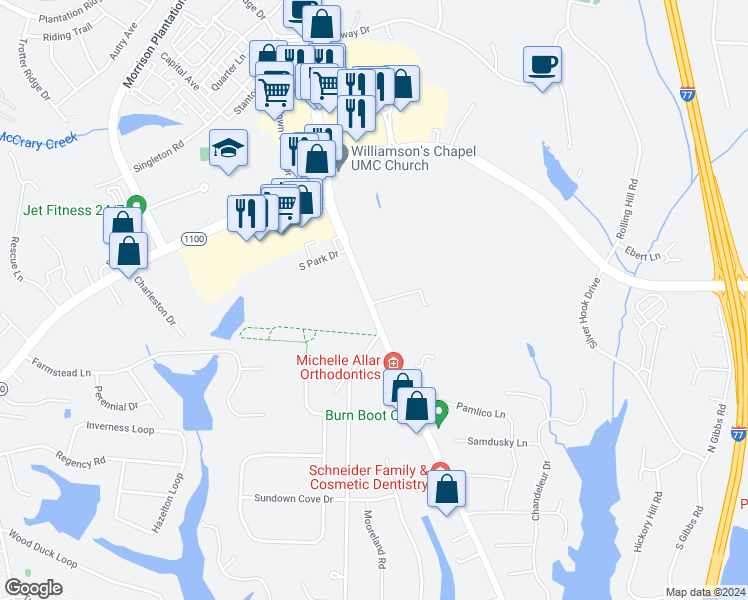 map of restaurants, bars, coffee shops, grocery stores, and more near 111 Grayson Drive in Mooresville