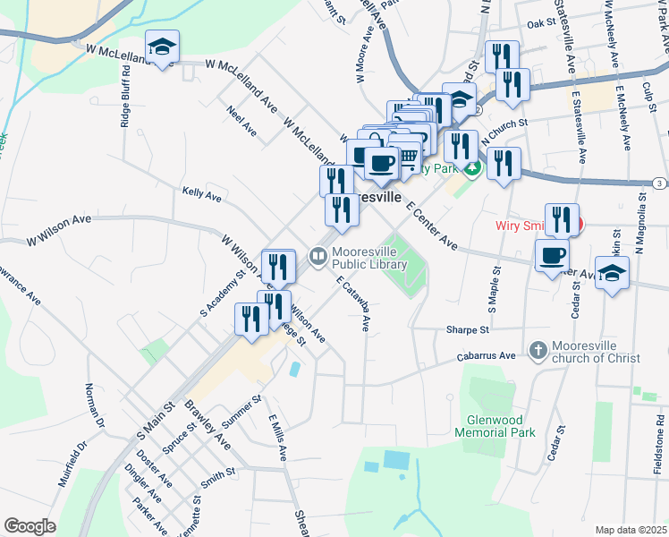 map of restaurants, bars, coffee shops, grocery stores, and more near 124 East Catawba Avenue in Mooresville