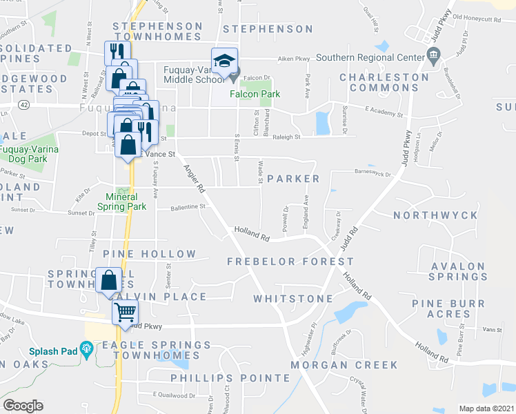 map of restaurants, bars, coffee shops, grocery stores, and more near 408 Wade Street in Fuquay-Varina