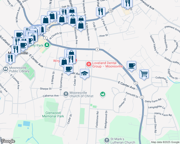 map of restaurants, bars, coffee shops, grocery stores, and more near 137 North Magnolia Street in Mooresville