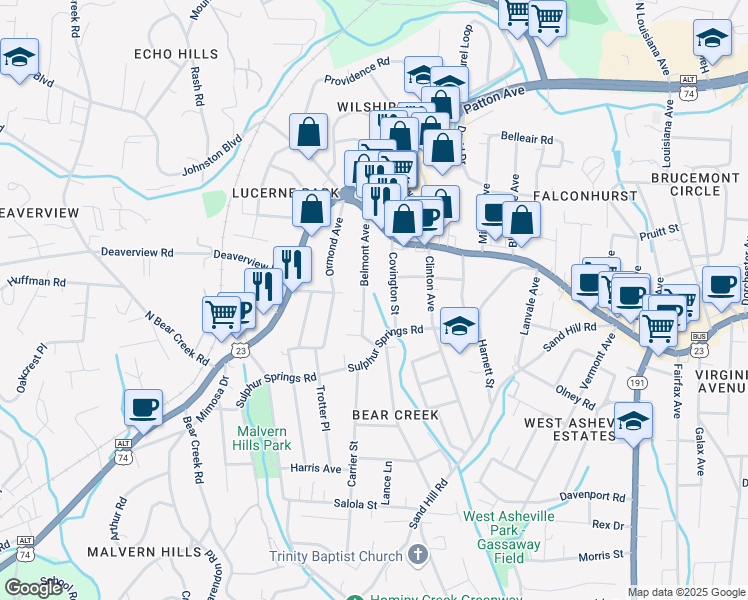 map of restaurants, bars, coffee shops, grocery stores, and more near 62 Belmont Avenue in Asheville