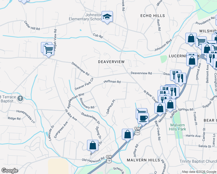 map of restaurants, bars, coffee shops, grocery stores, and more near 50 Huffman Road in Asheville