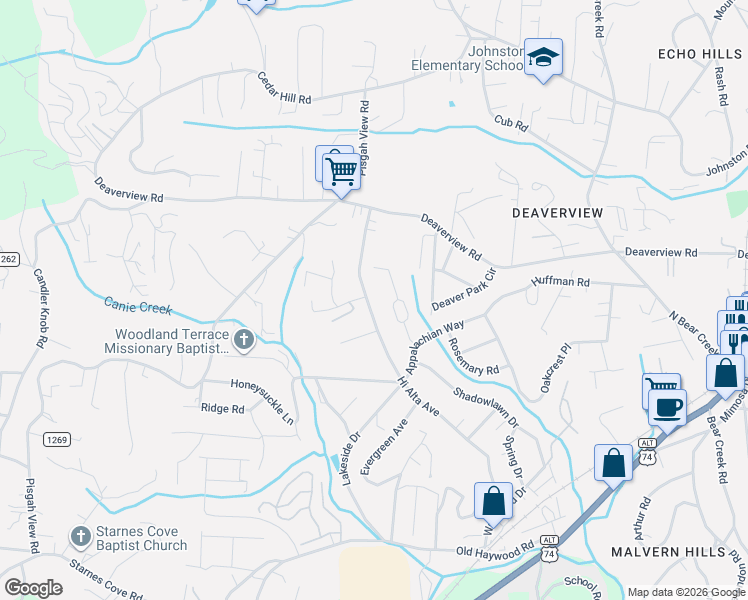 map of restaurants, bars, coffee shops, grocery stores, and more near 325 Hi Alta Avenue in Asheville
