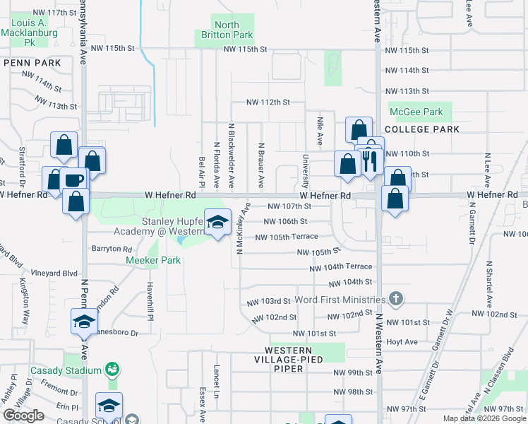 map of restaurants, bars, coffee shops, grocery stores, and more near 1425 Northwest 107th Street in Oklahoma City
