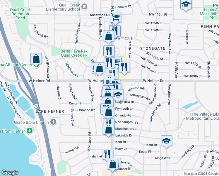 map of restaurants, bars, coffee shops, grocery stores, and more near 10809 North May Avenue in The Village