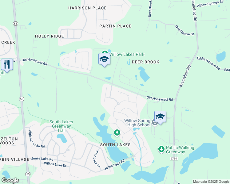 map of restaurants, bars, coffee shops, grocery stores, and more near 300 Lake Lure Way in Fuquay-Varina