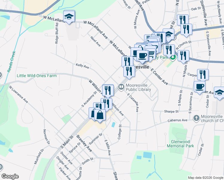 map of restaurants, bars, coffee shops, grocery stores, and more near 301 South Broad Street in Mooresville