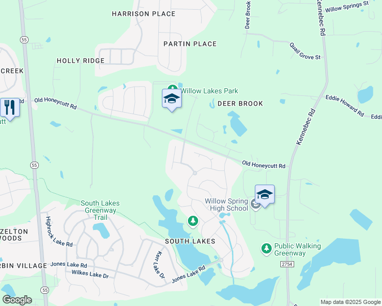 map of restaurants, bars, coffee shops, grocery stores, and more near 300 Lake Lure Way in Fuquay-Varina