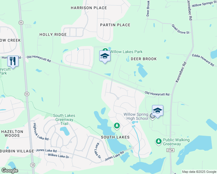 map of restaurants, bars, coffee shops, grocery stores, and more near Price Lake Way in Fuquay Varina