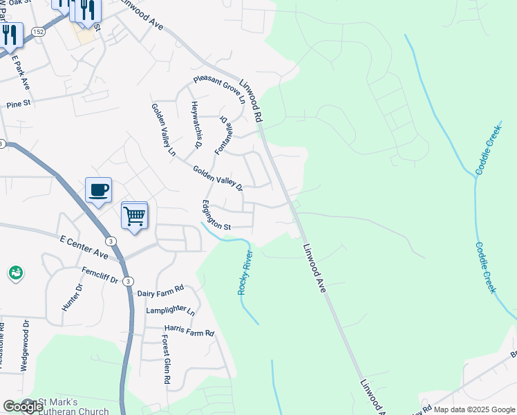 map of restaurants, bars, coffee shops, grocery stores, and more near 105 Washburn Range Drive in Mooresville