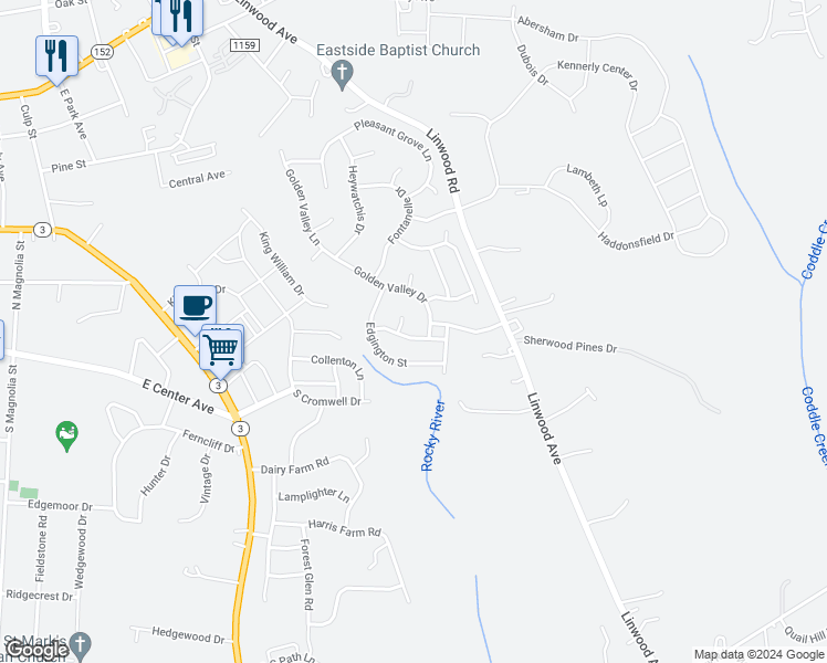 map of restaurants, bars, coffee shops, grocery stores, and more near 120 Maple Falls Way in Mooresville