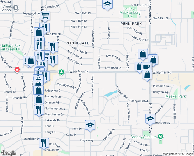 map of restaurants, bars, coffee shops, grocery stores, and more near 2400 West Hefner Road in The Village