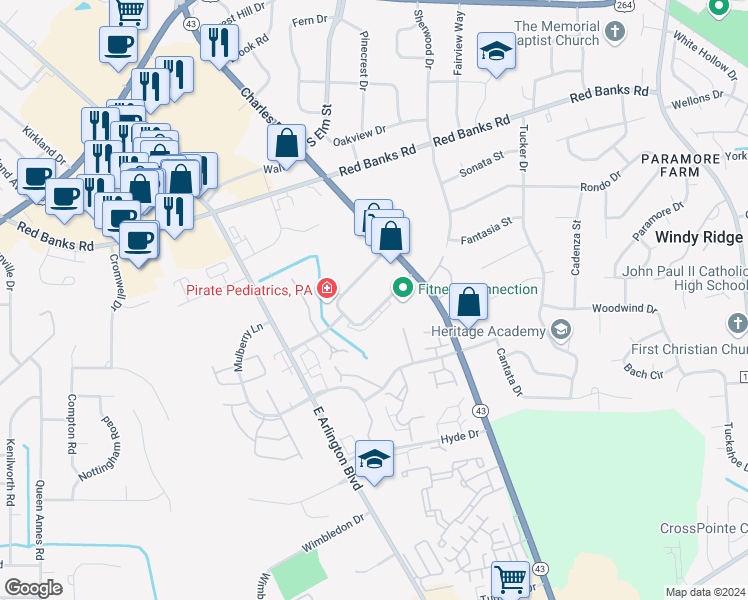 map of restaurants, bars, coffee shops, grocery stores, and more near 127 Oakmont Drive in Greenville
