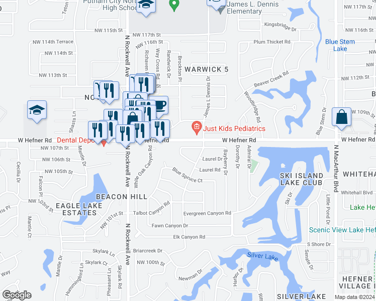 map of restaurants, bars, coffee shops, grocery stores, and more near 6800 Bayberry Drive in Oklahoma City