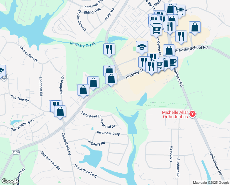 map of restaurants, bars, coffee shops, grocery stores, and more near Charleston Drive in Mooresville